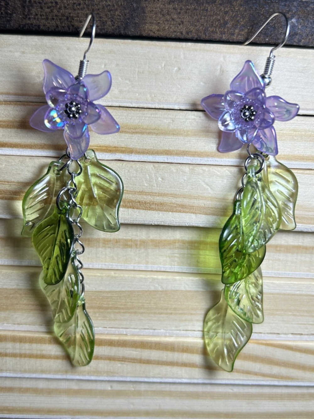 Purple Flower and Green Leaf Dangle Earrings - Women's Jewelry - Picture 5 of 6